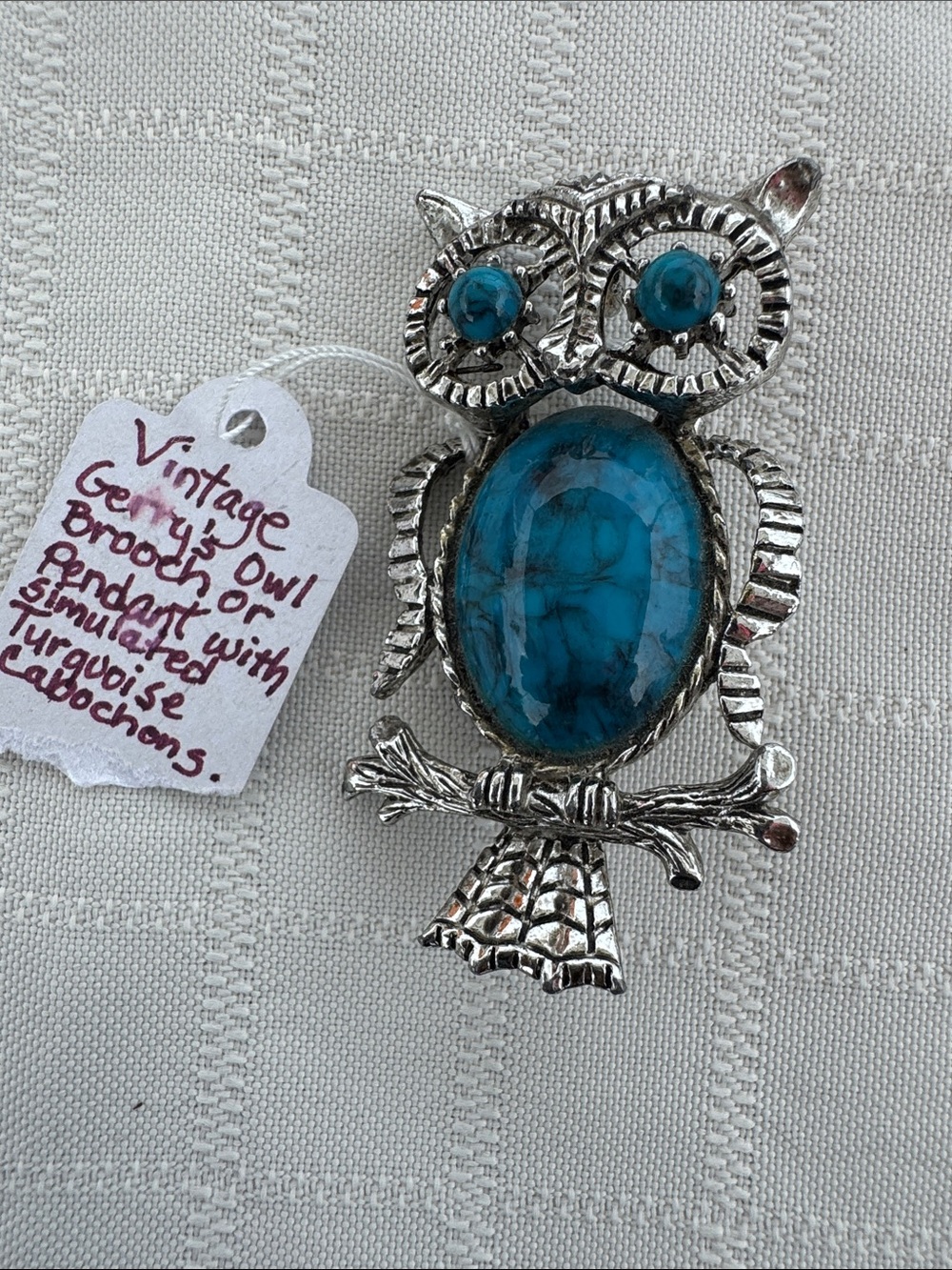 Vintage Owl Brooch Pendant with Turquoise Cabochons